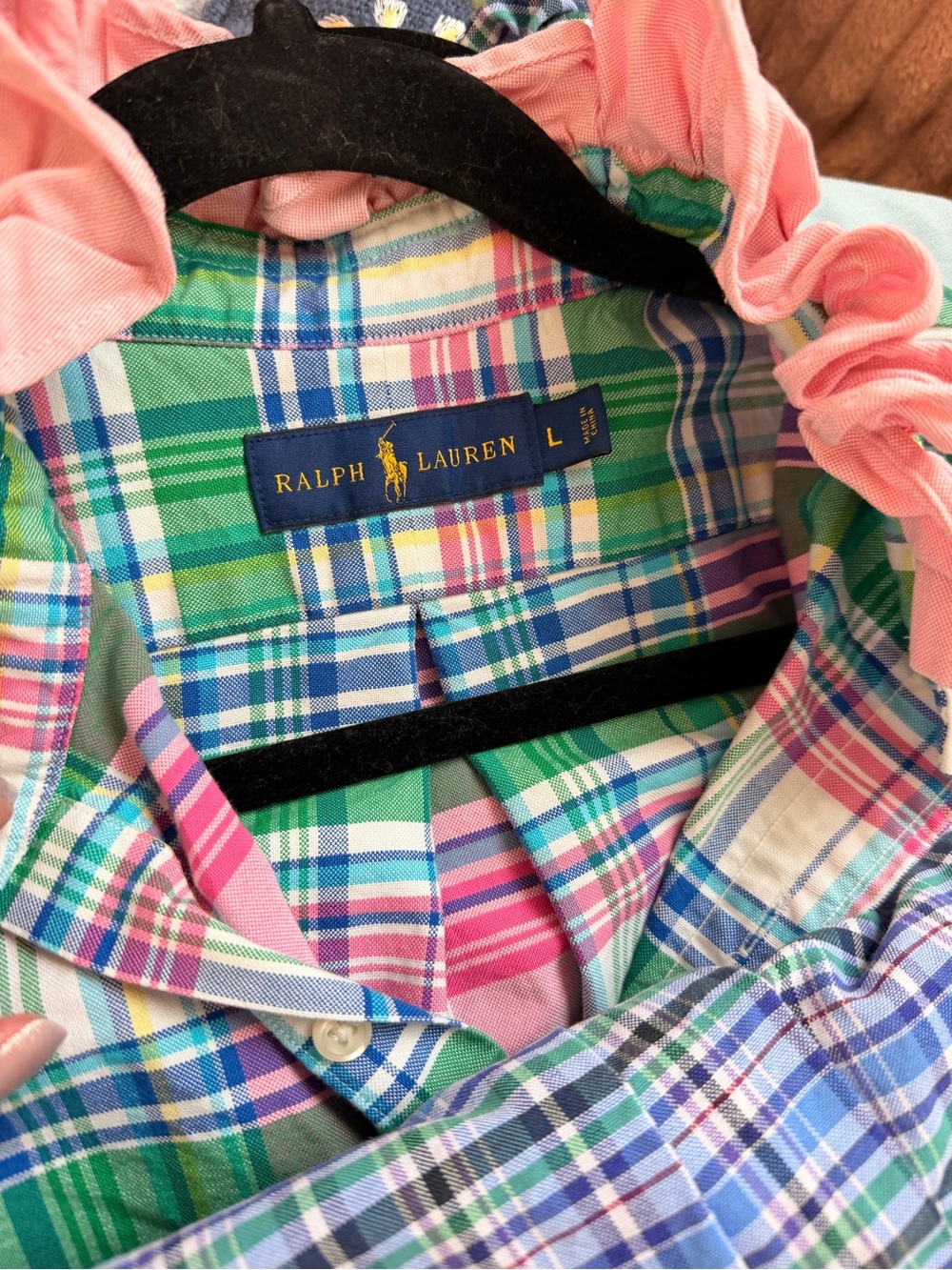Ralph Lauren upcycled Pink Green Blue Plaid Ruffle-Collar Button-Front Top - Picture 3 of 5